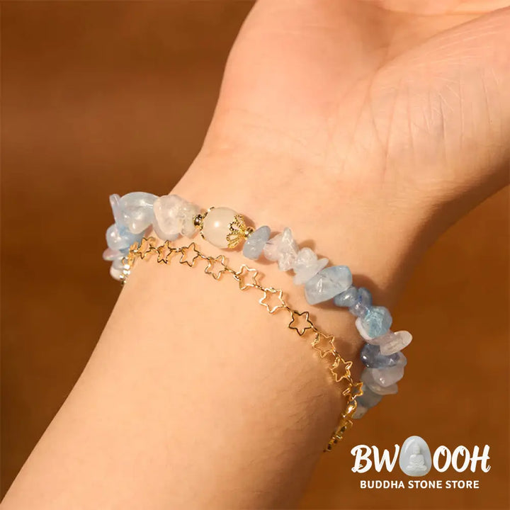 Buddha Stones Aquamarine Gravel Design Star Healing Magnetic Buckle Bracelet - BWOOOH - Aquamarine(Wrist Circumference: