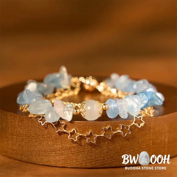 Buddha Stones Aquamarine Gravel Design Star Healing Magnetic Buckle Bracelet - BWOOOH - Aquamarine(Wrist Circumference: