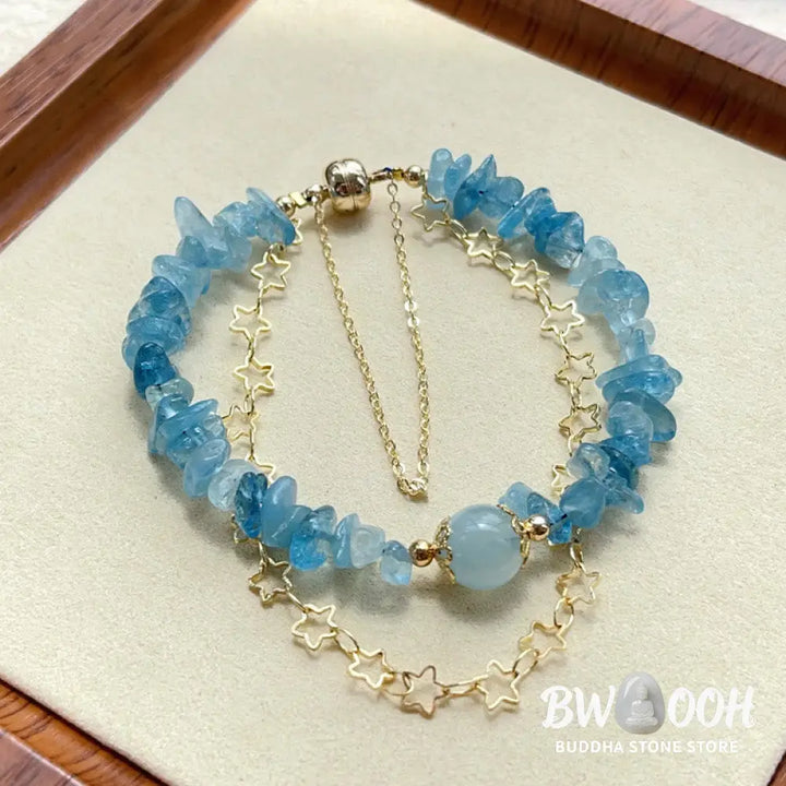 Buddha Stones Aquamarine Gravel Design Star Healing Magnetic Buckle Bracelet - BWOOOH - Aquamarine(Wrist Circumference: