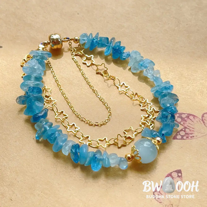 Buddha Stones Aquamarine Gravel Design Star Healing Magnetic Buckle Bracelet - BWOOOH - Aquamarine(Wrist Circumference: