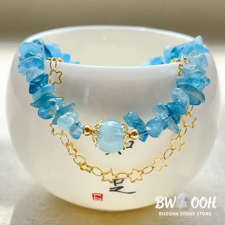 Buddha Stones Aquamarine Gravel Design Star Healing Magnetic Buckle Bracelet - BWOOOH - Aquamarine(Wrist Circumference: