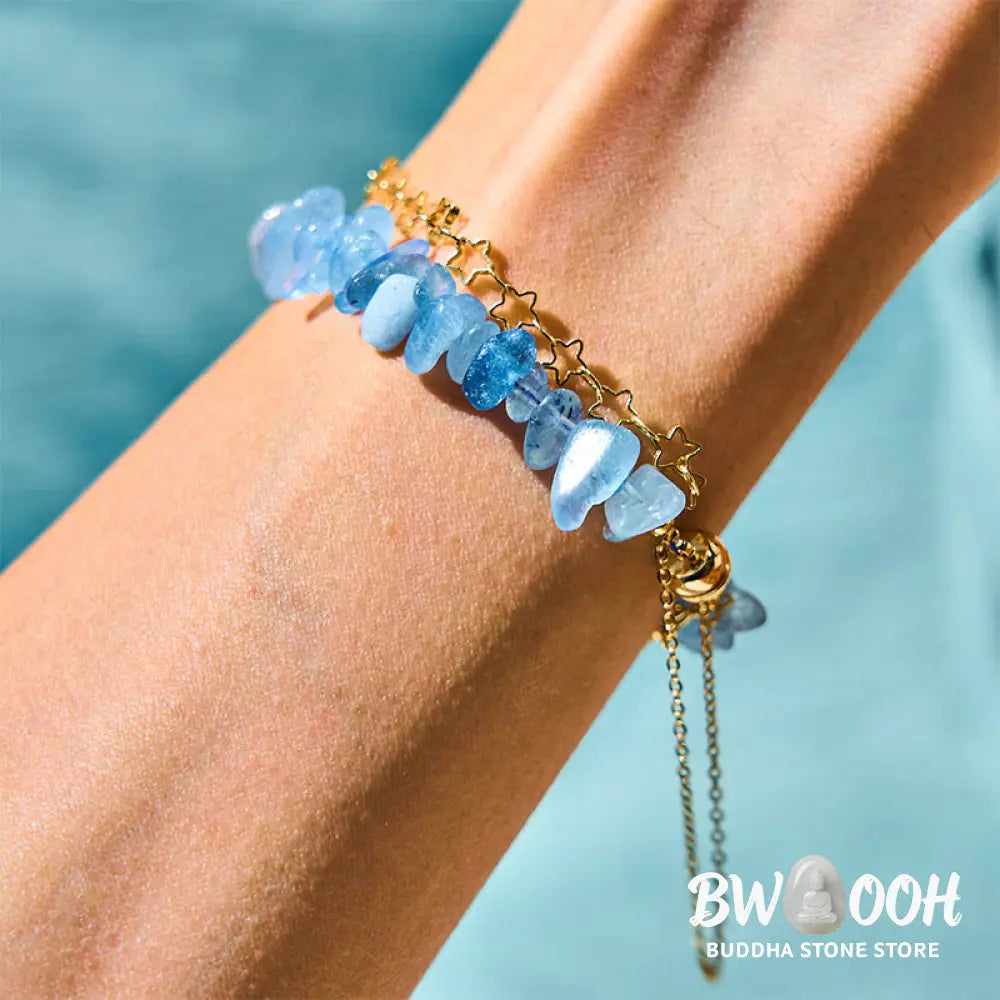Buddha Stones Aquamarine Gravel Design Star Healing Magnetic Buckle Bracelet - BWOOOH - Aquamarine(Wrist Circumference: