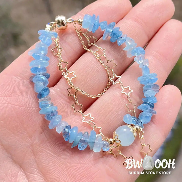 Buddha Stones Aquamarine Gravel Design Star Healing Magnetic Buckle Bracelet - BWOOOH - Aquamarine(Wrist Circumference: