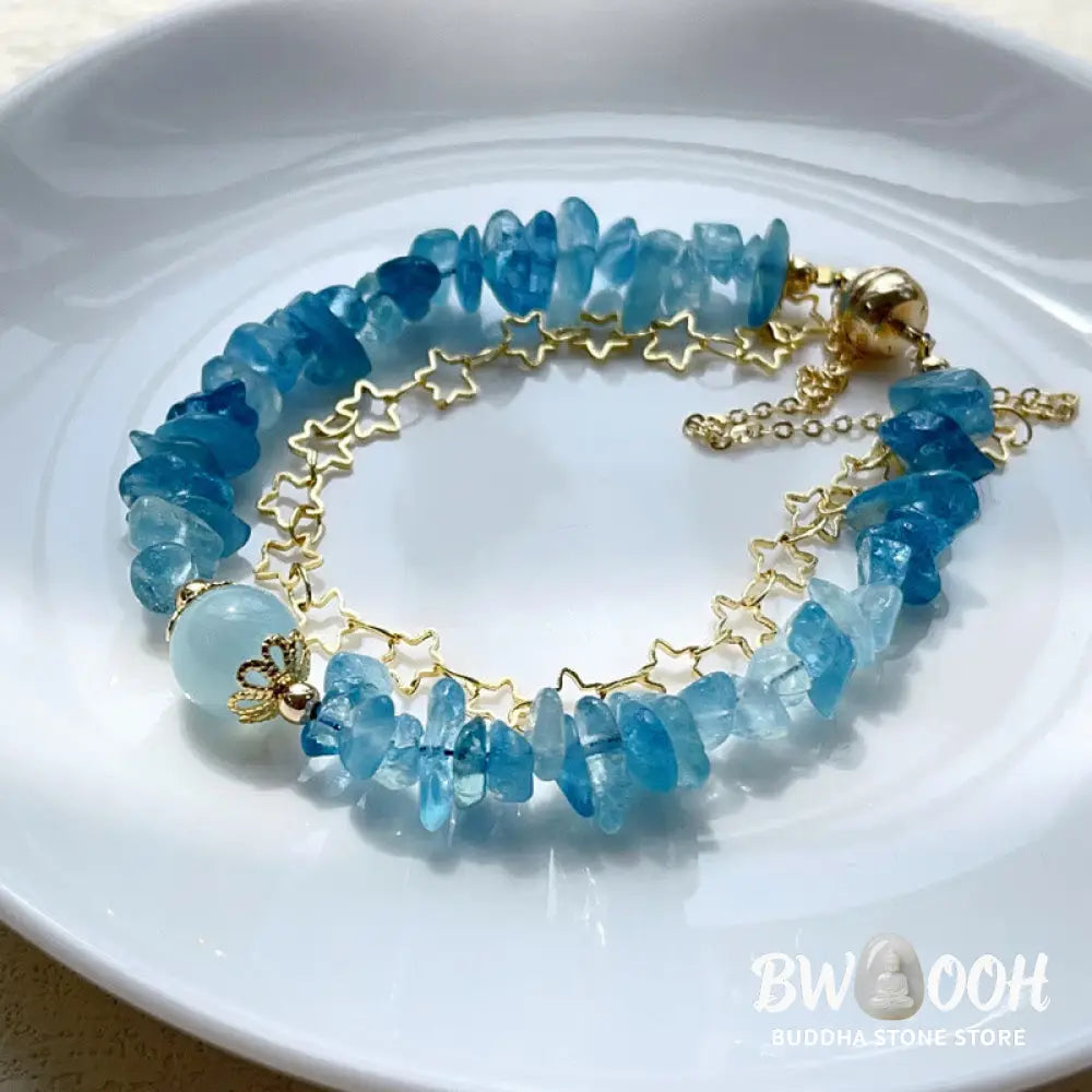 Buddha Stones Aquamarine Gravel Design Star Healing Magnetic Buckle Bracelet - BWOOOH - Aquamarine(Wrist Circumference: