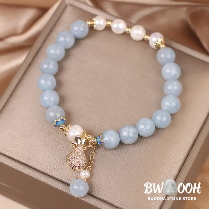 Buddha Stones Aquamarine Pearl Fortune Money Bag Charm Bracelet - BWOOOH - Aquamarine - Bracelet