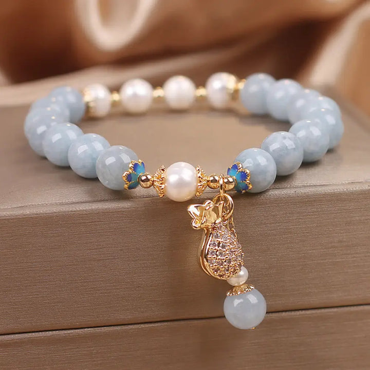 Buddha Stones Aquamarine Pearl Fortune Money Bag Charm Bracelet - BWOOOH - Aquamarine - Bracelet