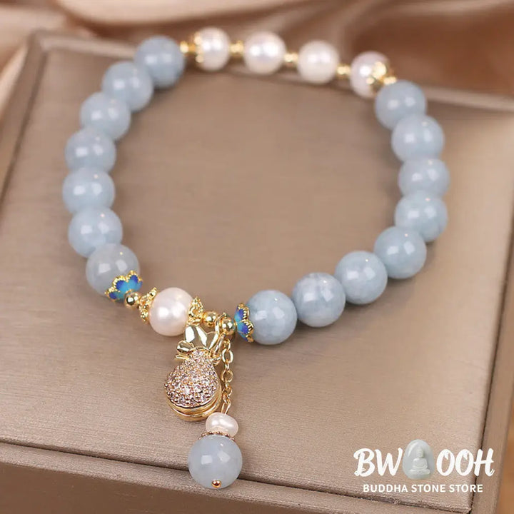 Buddha Stones Aquamarine Pearl Fortune Money Bag Charm Bracelet - BWOOOH - Aquamarine - Bracelet
