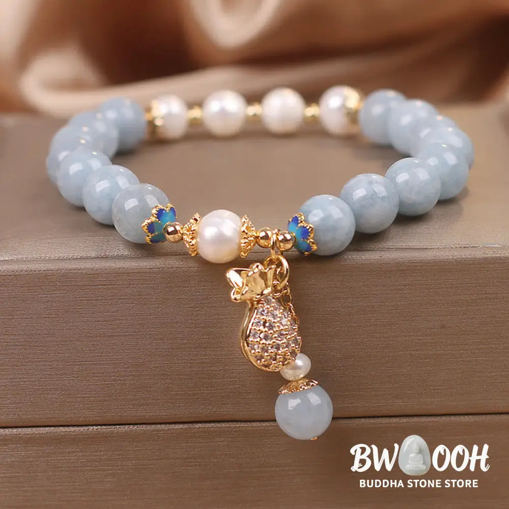 Buddha Stones Aquamarine Pearl Fortune Money Bag Charm Bracelet - BWOOOH - Aquamarine - Bracelet