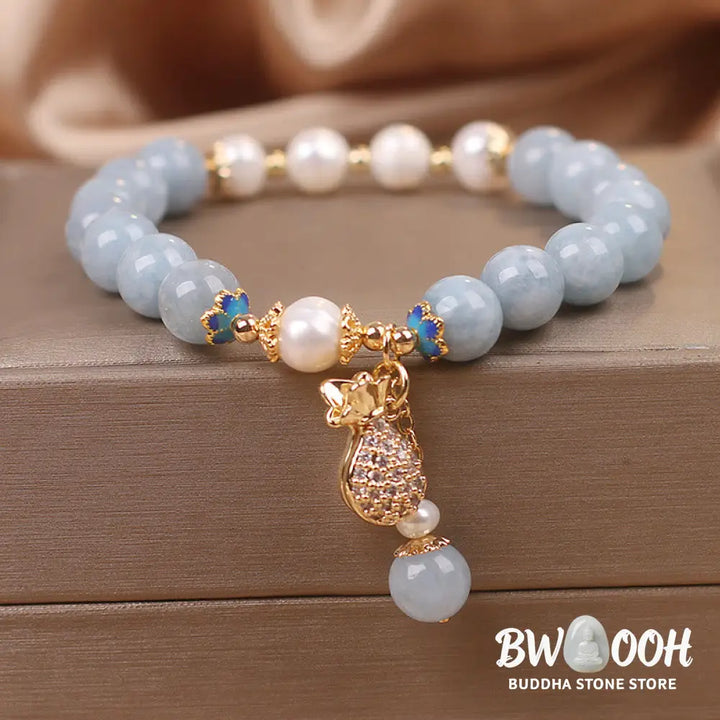 Buddha Stones Aquamarine Pearl Fortune Money Bag Charm Bracelet - BWOOOH - Aquamarine - Bracelet