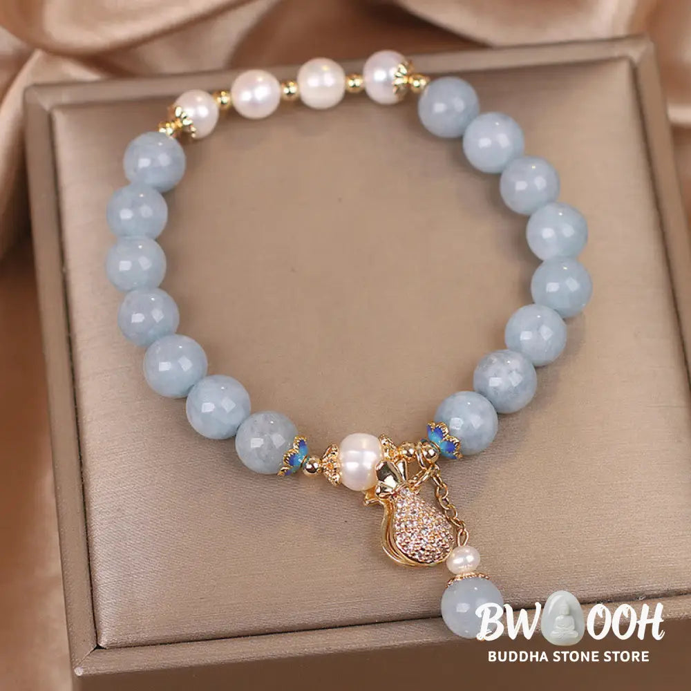 Buddha Stones Aquamarine Pearl Fortune Money Bag Charm Bracelet - BWOOOH - Aquamarine - Bracelet