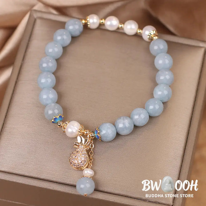 Buddha Stones Aquamarine Pearl Fortune Money Bag Charm Bracelet - BWOOOH - Aquamarine - Bracelet