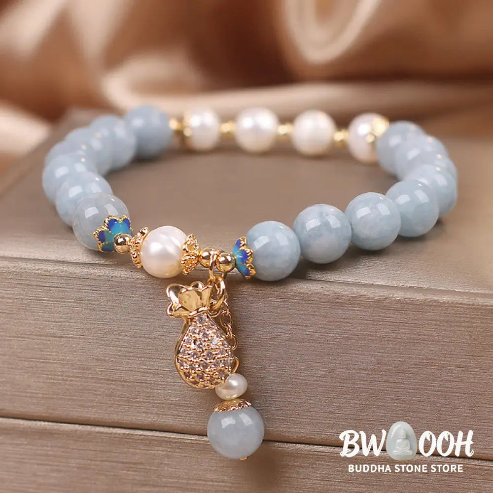 Buddha Stones Aquamarine Pearl Fortune Money Bag Charm Bracelet - BWOOOH - Aquamarine - Bracelet