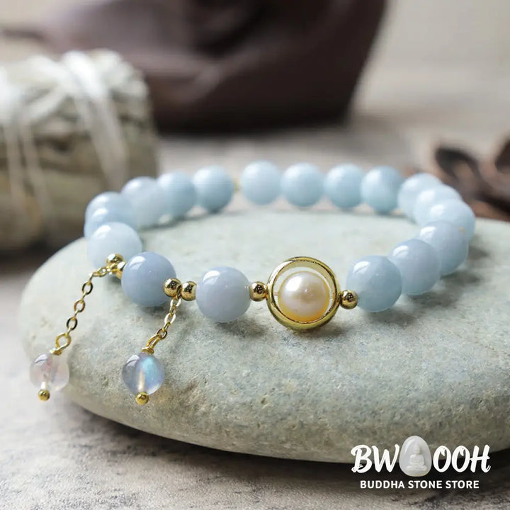 Buddha Stones Aquamarine Pearl Healing Moonstone Beads Charm Bracelet - BWOOOH - Aquamarine - Bracelet