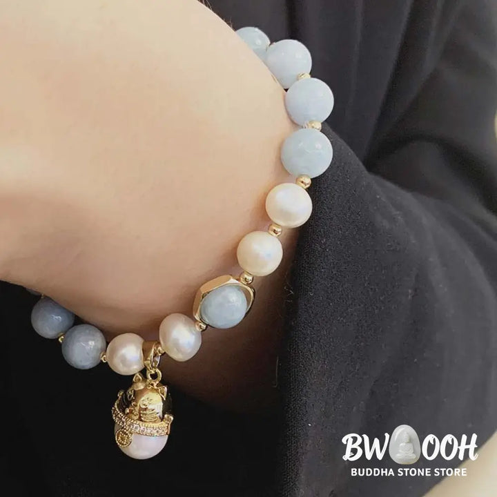 Buddha Stones Aquamarine Pearl Peace Healing Lucky Cat Charm Bracelet - BWOOOH - Aquamarine - Bracelet