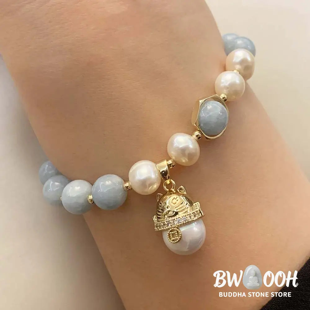 Buddha Stones Aquamarine Pearl Peace Healing Lucky Cat Charm Bracelet - BWOOOH - Aquamarine - Bracelet