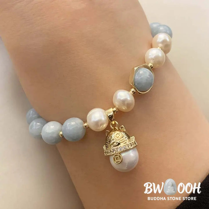 Buddha Stones Aquamarine Pearl Peace Healing Lucky Cat Charm Bracelet - BWOOOH - Aquamarine - Bracelet