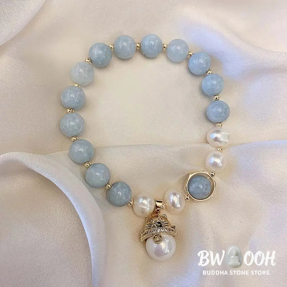 Buddha Stones Aquamarine Pearl Peace Healing Lucky Cat Charm Bracelet - BWOOOH - Aquamarine - Bracelet