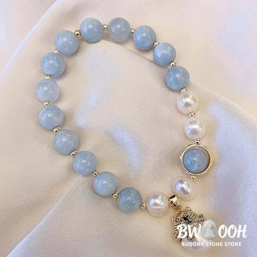 Buddha Stones Aquamarine Pearl Peace Healing Lucky Cat Charm Bracelet - BWOOOH - Aquamarine - Bracelet