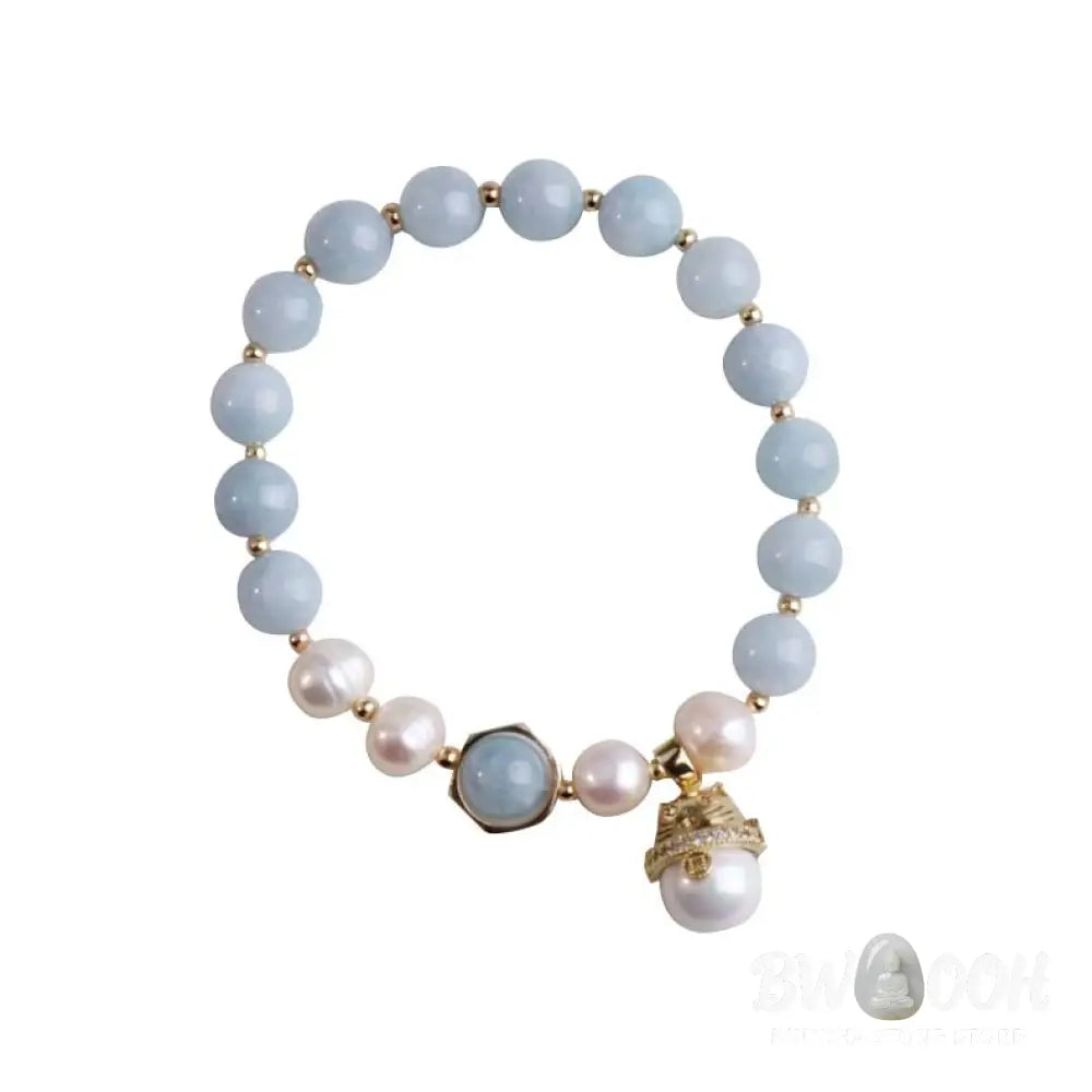Buddha Stones Aquamarine Pearl Peace Healing Lucky Cat Charm Bracelet - BWOOOH - Aquamarine - Bracelet