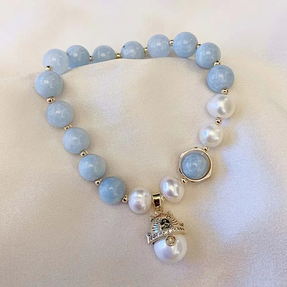 BWOOOH Aquamarine Pearl Peace Healing Lucky Cat Charm Bracelet - BWOOOH - Aquamarine - Bracelet
