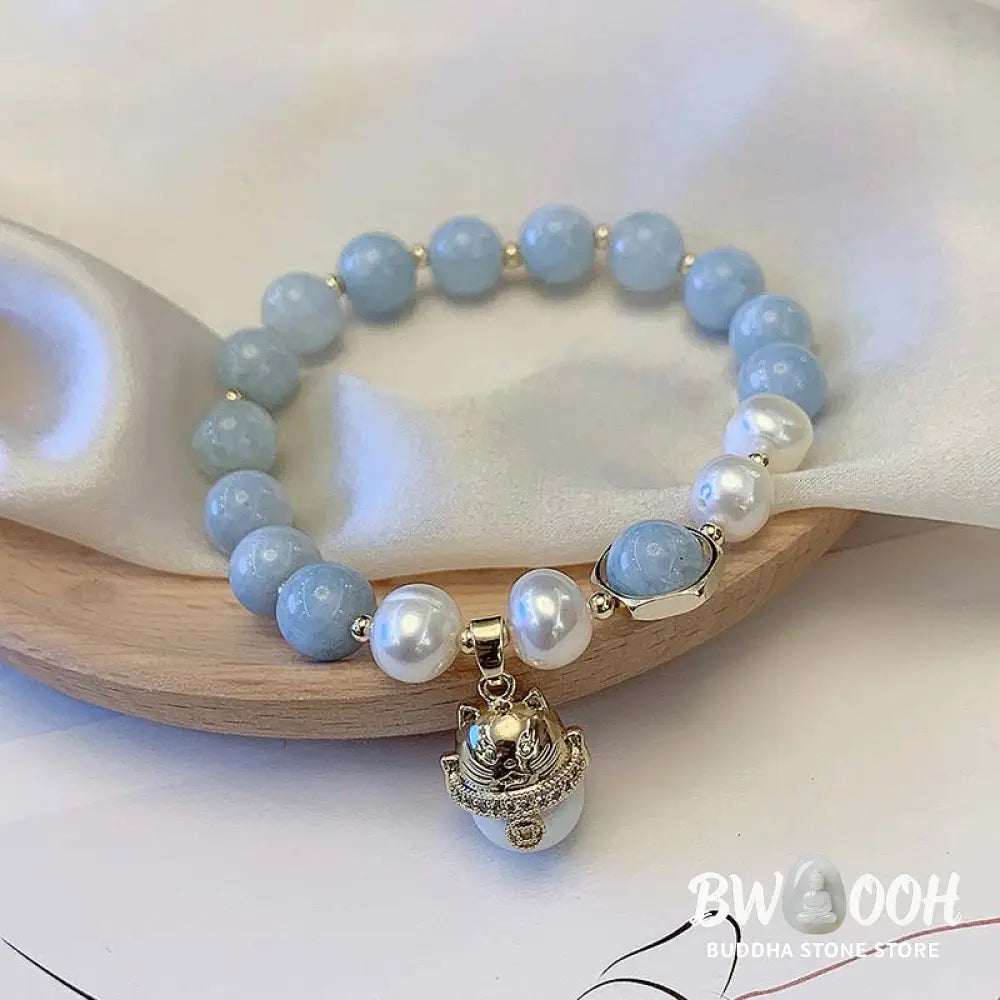 Buddha Stones Aquamarine Pearl Peace Healing Lucky Cat Charm Bracelet - BWOOOH - Aquamarine - Bracelet