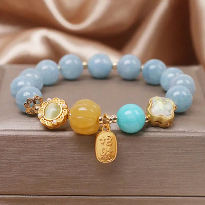 BWOOOH Aquamarine Pumpkin Pearl Wealth Protection Bracelet - BWOOOH - Aquamarine (Wrist Circumference 14-18cm)