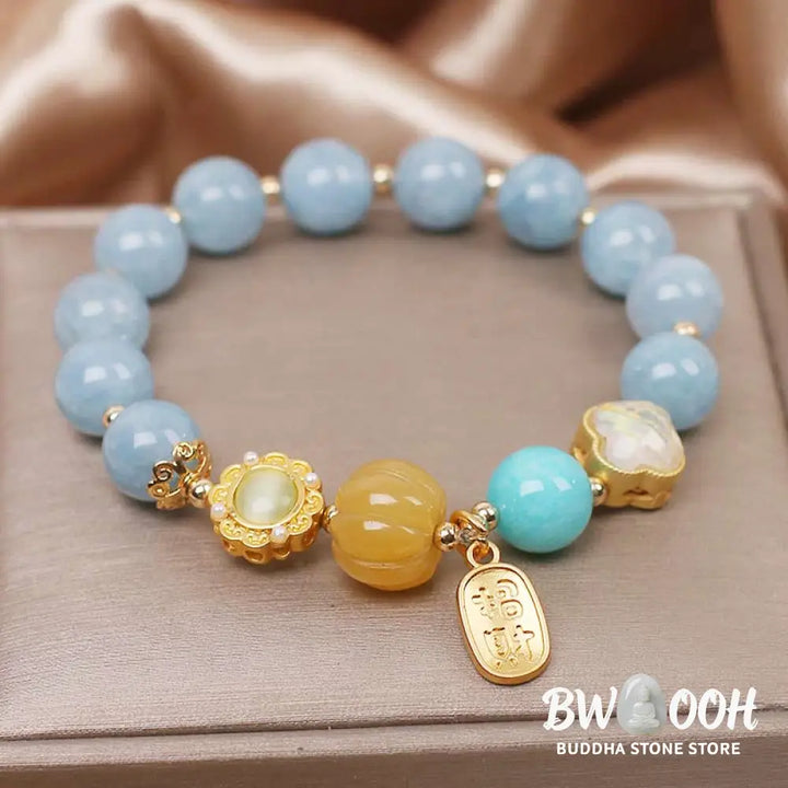 Buddha Stones Aquamarine Pumpkin Pearl Wealth Protection Bracelet - BWOOOH - Aquamarine (Wrist Circumference 14-18cm)
