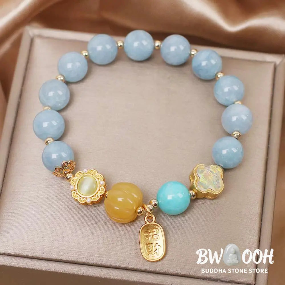 Buddha Stones Aquamarine Pumpkin Pearl Wealth Protection Bracelet - BWOOOH - Aquamarine (Wrist Circumference 14-18cm)