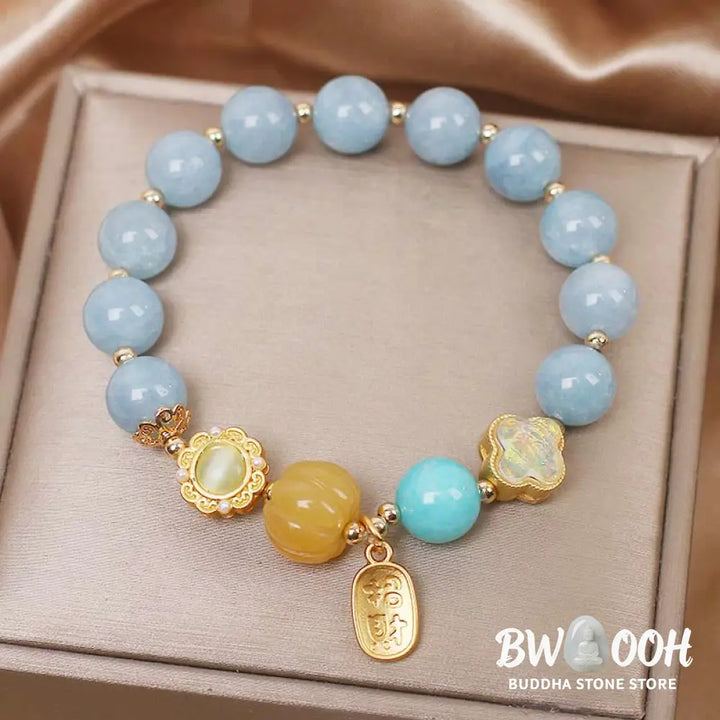 Buddha Stones Aquamarine Pumpkin Pearl Wealth Protection Bracelet - BWOOOH - Aquamarine (Wrist Circumference 14-18cm)