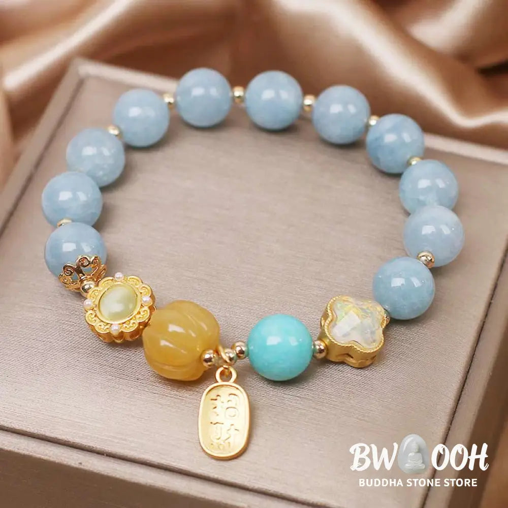 Buddha Stones Aquamarine Pumpkin Pearl Wealth Protection Bracelet - BWOOOH - Aquamarine (Wrist Circumference 14-18cm)