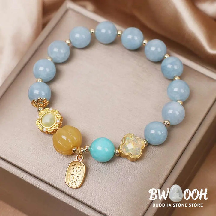 Buddha Stones Aquamarine Pumpkin Pearl Wealth Protection Bracelet - BWOOOH - Aquamarine (Wrist Circumference 14-18cm)