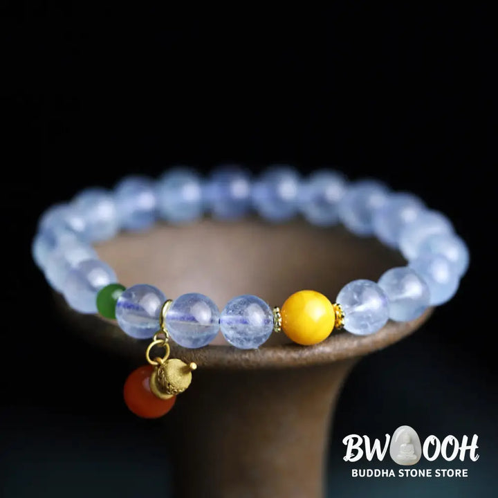 Buddha Stones Aquamarine Red Agate Peace Gourd Charm Bracelet - BWOOOH - Aquamarine - Bracelet