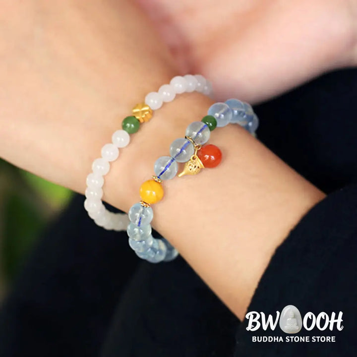 Buddha Stones Aquamarine Red Agate Peace Gourd Charm Bracelet - BWOOOH - Aquamarine - Bracelet