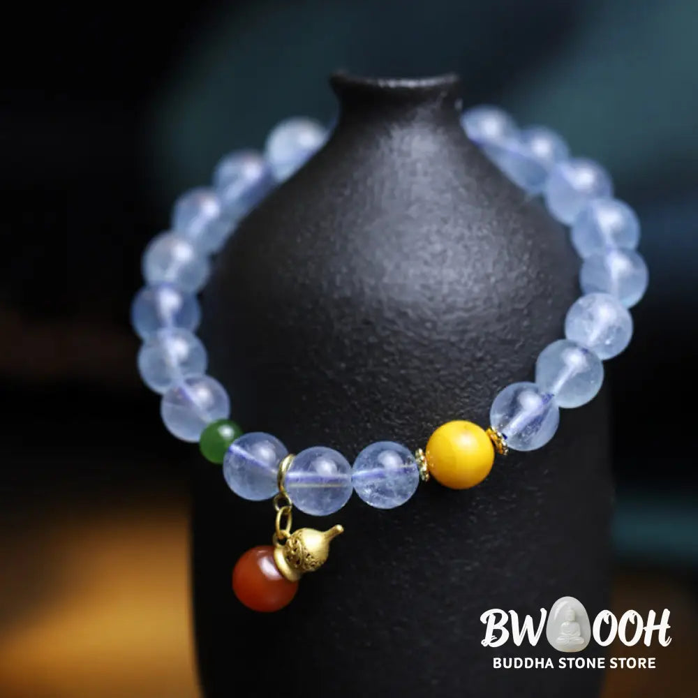 Buddha Stones Aquamarine Red Agate Peace Gourd Charm Bracelet - BWOOOH - Aquamarine - Bracelet