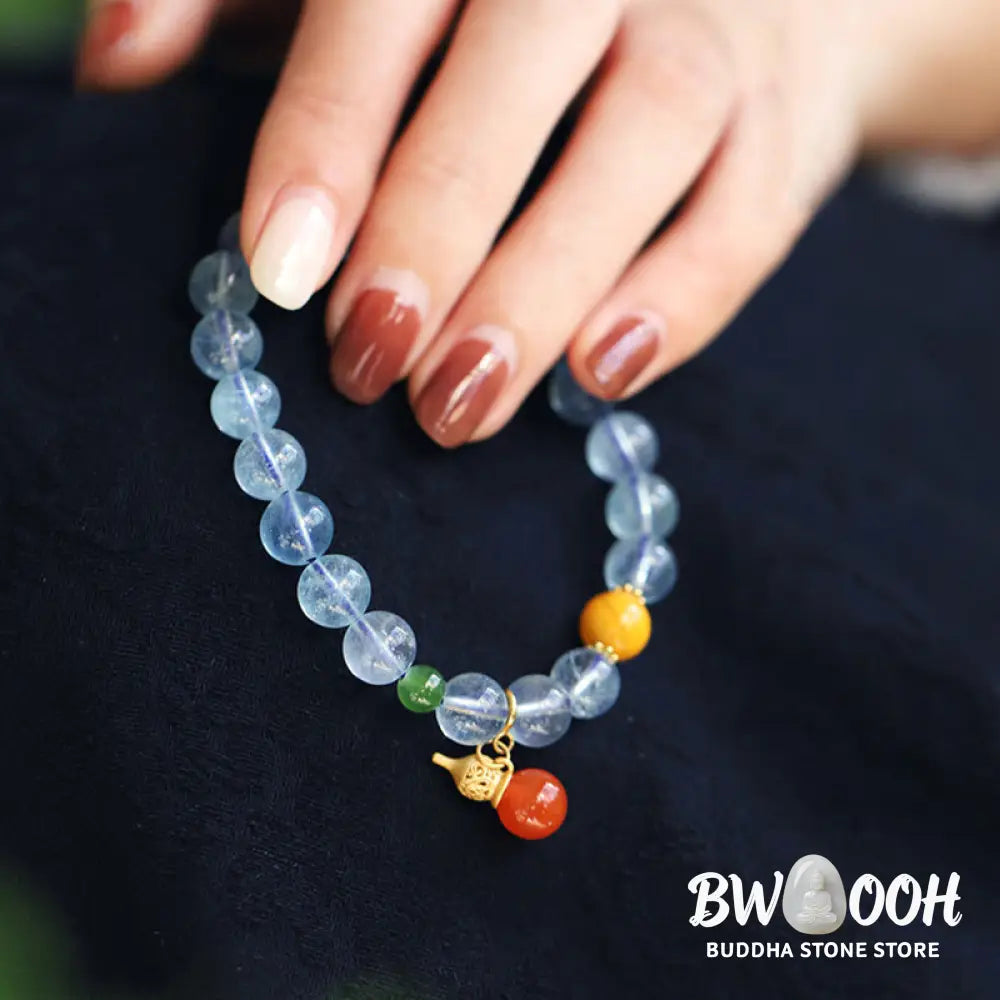 Buddha Stones Aquamarine Red Agate Peace Gourd Charm Bracelet - BWOOOH - Aquamarine - Bracelet