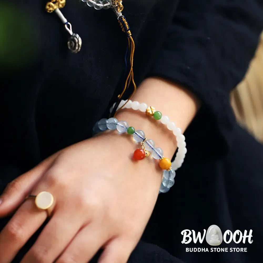 Buddha Stones Aquamarine Red Agate Peace Gourd Charm Bracelet - BWOOOH - Aquamarine - Bracelet