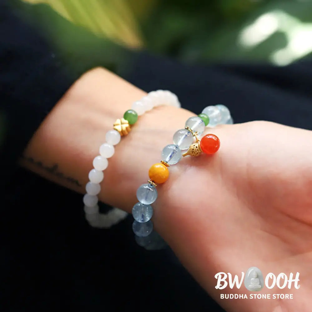 Buddha Stones Aquamarine Red Agate Peace Gourd Charm Bracelet - BWOOOH - Aquamarine - Bracelet