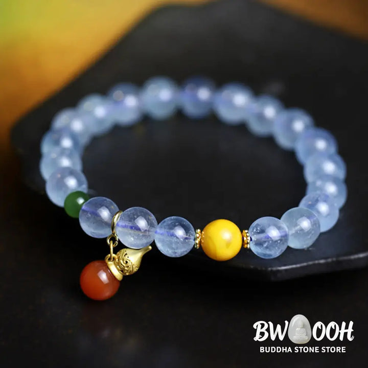 Buddha Stones Aquamarine Red Agate Peace Gourd Charm Bracelet - BWOOOH - Aquamarine - Bracelet