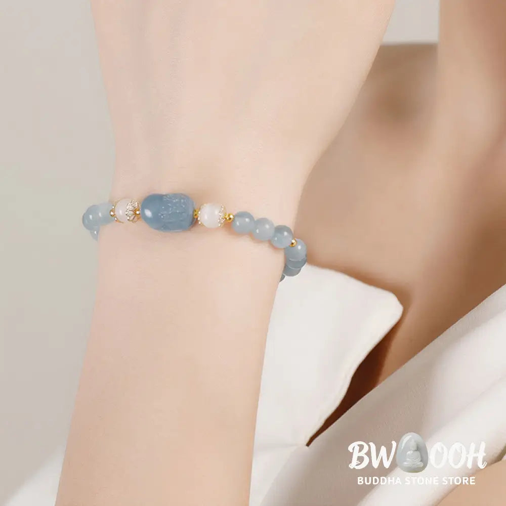 Buddha Stones Aquamarine Strawberry Quartz Amethyst Moonstone PiXiu Healing Bracelet - Bracelet
