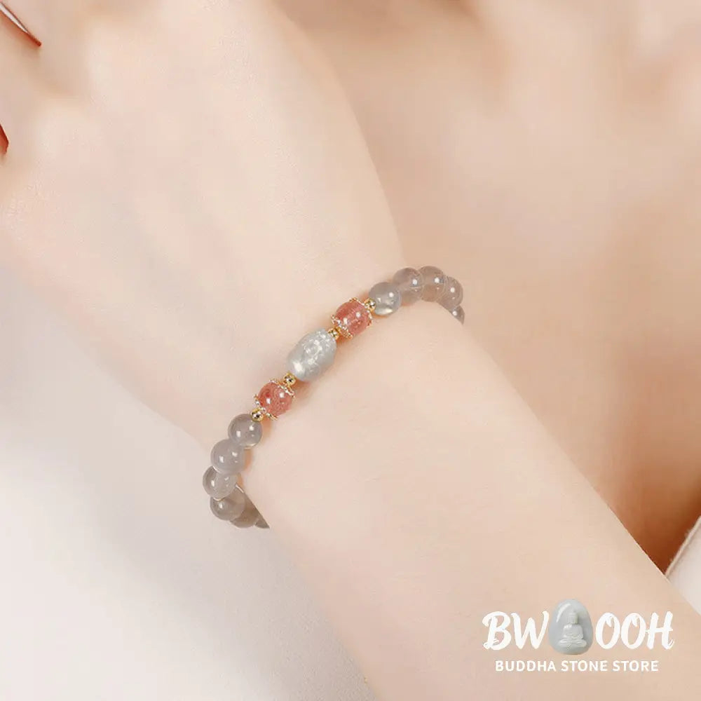 Buddha Stones Aquamarine Strawberry Quartz Amethyst Moonstone PiXiu Healing Bracelet - Bracelet