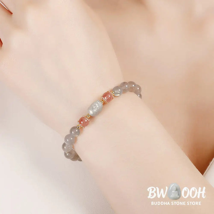 Buddha Stones Aquamarine Strawberry Quartz Amethyst Moonstone PiXiu Healing Bracelet - Bracelet