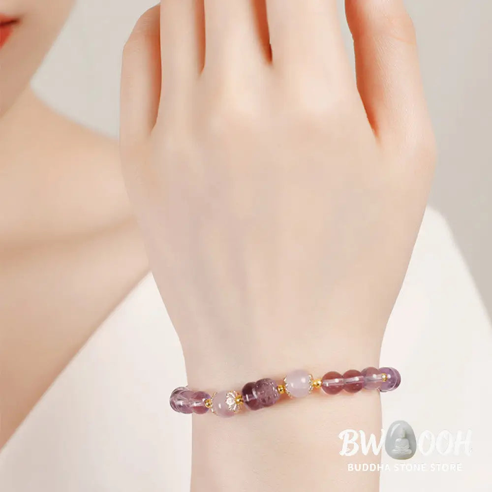 Buddha Stones Aquamarine Strawberry Quartz Amethyst Moonstone PiXiu Healing Bracelet - Bracelet
