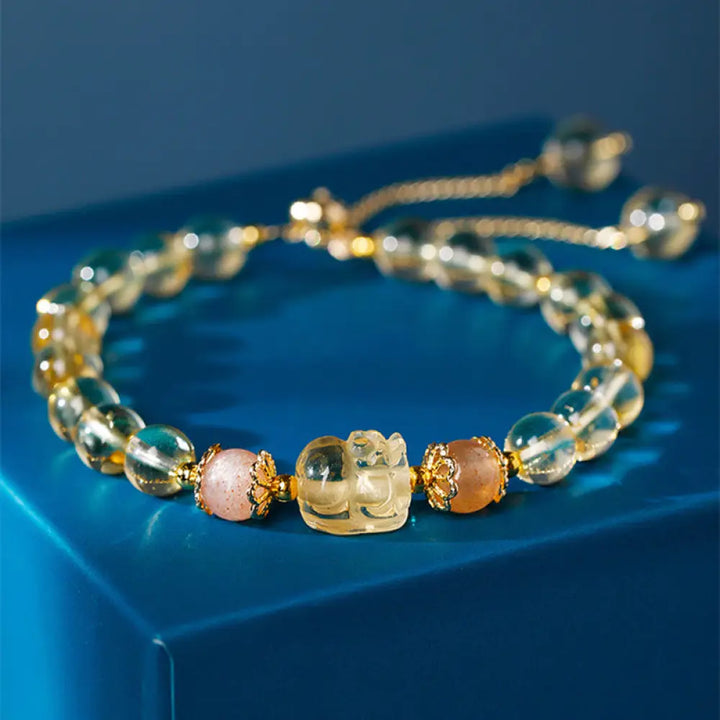 Buddha Stones Aquamarine Strawberry Quartz Amethyst Moonstone PiXiu Healing Bracelet - Citrine (Happiness ♥ Prosperity)