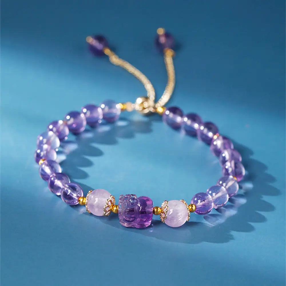 Buddha Stones Aquamarine Strawberry Quartz Amethyst Moonstone PiXiu Healing Bracelet - Amethyst (Inner Peace ♥ Healing)