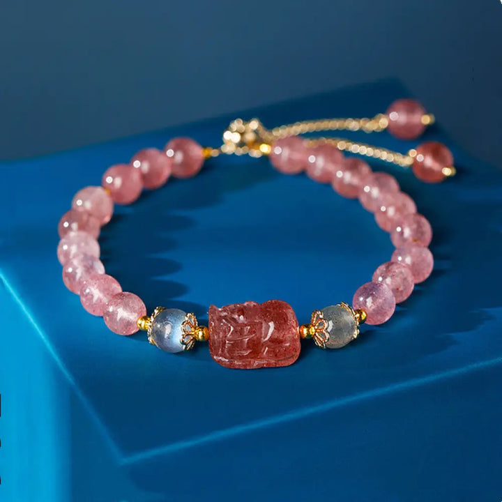 Buddha Stones Aquamarine Strawberry Quartz Amethyst Moonstone PiXiu Healing Bracelet - Strawberry Quartz (Love ♥