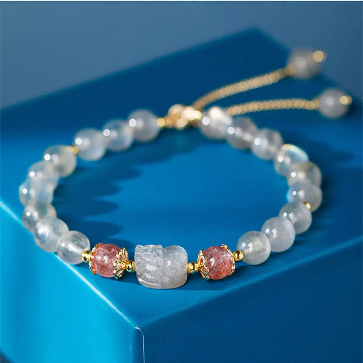 Buddha Stones Aquamarine Strawberry Quartz Amethyst Moonstone PiXiu Healing Bracelet - Moonstone (Love ♥ Calm)
