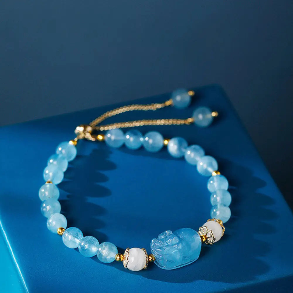 Buddha Stones Aquamarine Strawberry Quartz Amethyst Moonstone PiXiu Healing Bracelet - Aquamarine (Peace ♥ Serenity)