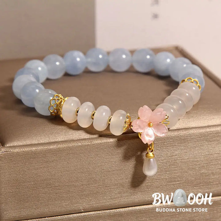 Buddha Stones Aquamarine White Agate Pearl Abacus Beads Flower Healing Bracelet - BWOOOH - Aquamarine White Agate(Wrist