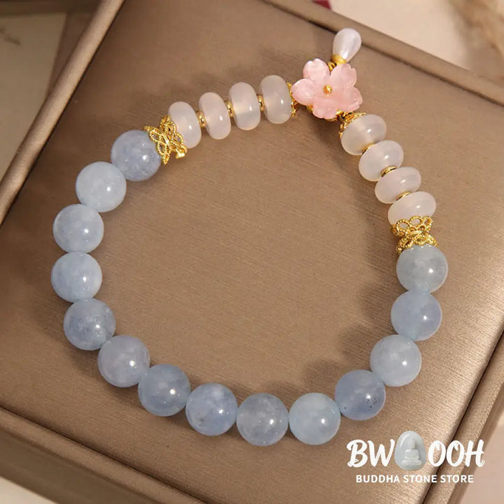 Buddha Stones Aquamarine White Agate Pearl Abacus Beads Flower Healing Bracelet - BWOOOH - Aquamarine White Agate(Wrist