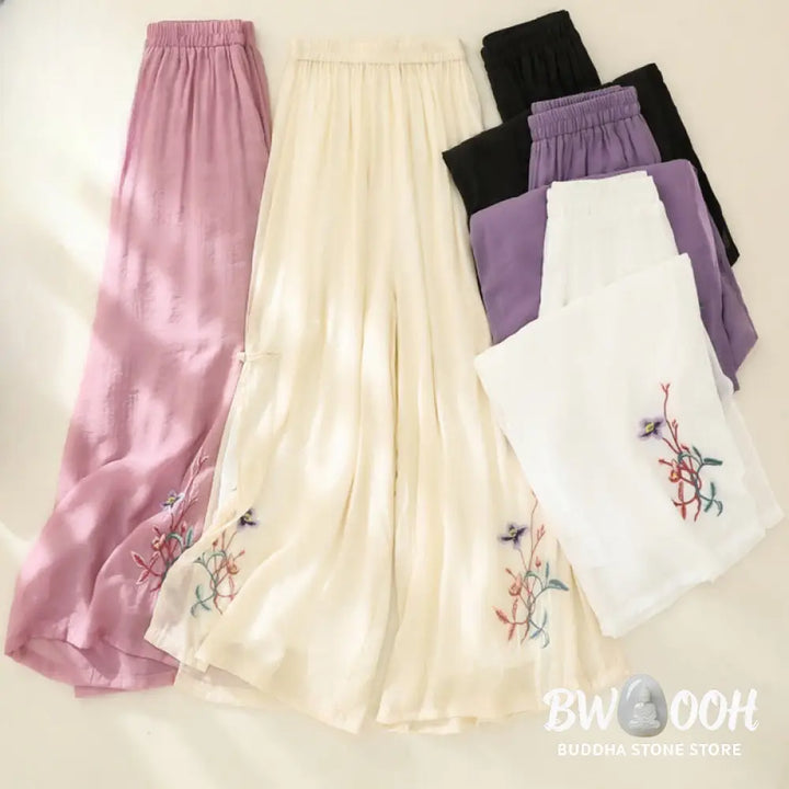 BWOOOH printed wide-leg yoga pants - Artistic Embroidery Flower Double Layer 